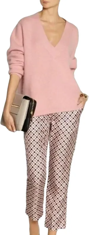 Women's Two Piece Suit Pink Sexy V Neck Long Sleeve Top With Plaid Trousers 2025 Spring Formal Fashion Two Piece Suit