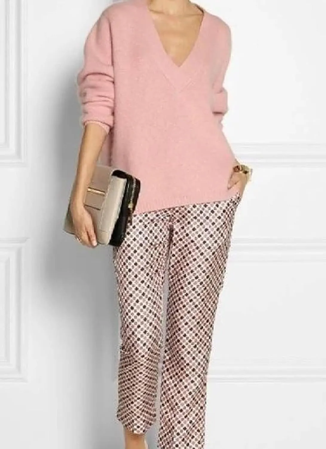 Women's Two Piece Suit Pink Sexy V Neck Long Sleeve Top With Plaid Trousers 2025 Spring Formal Fashion Two Piece Suit
