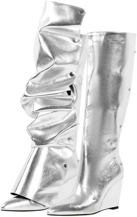 Women's Wedge Heel Knee High Slouchy Foldover Buttons Boots
