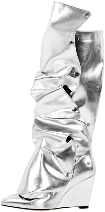Women's Wedge Heel Knee High Slouchy Foldover Buttons Boots