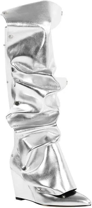 Women's Wedge Heel Knee High Slouchy Foldover Buttons Boots