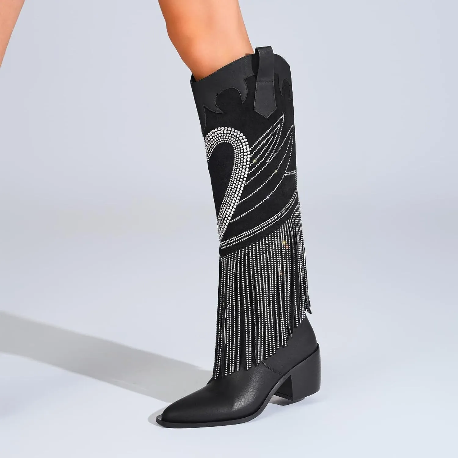 Women's Western Knee-high Boot Cowboy Boots for Women Cowgirl Mid Calf Boots Floral Embroidery Pointed Toe Chunky Heel 2.5" Ladies Western Boot