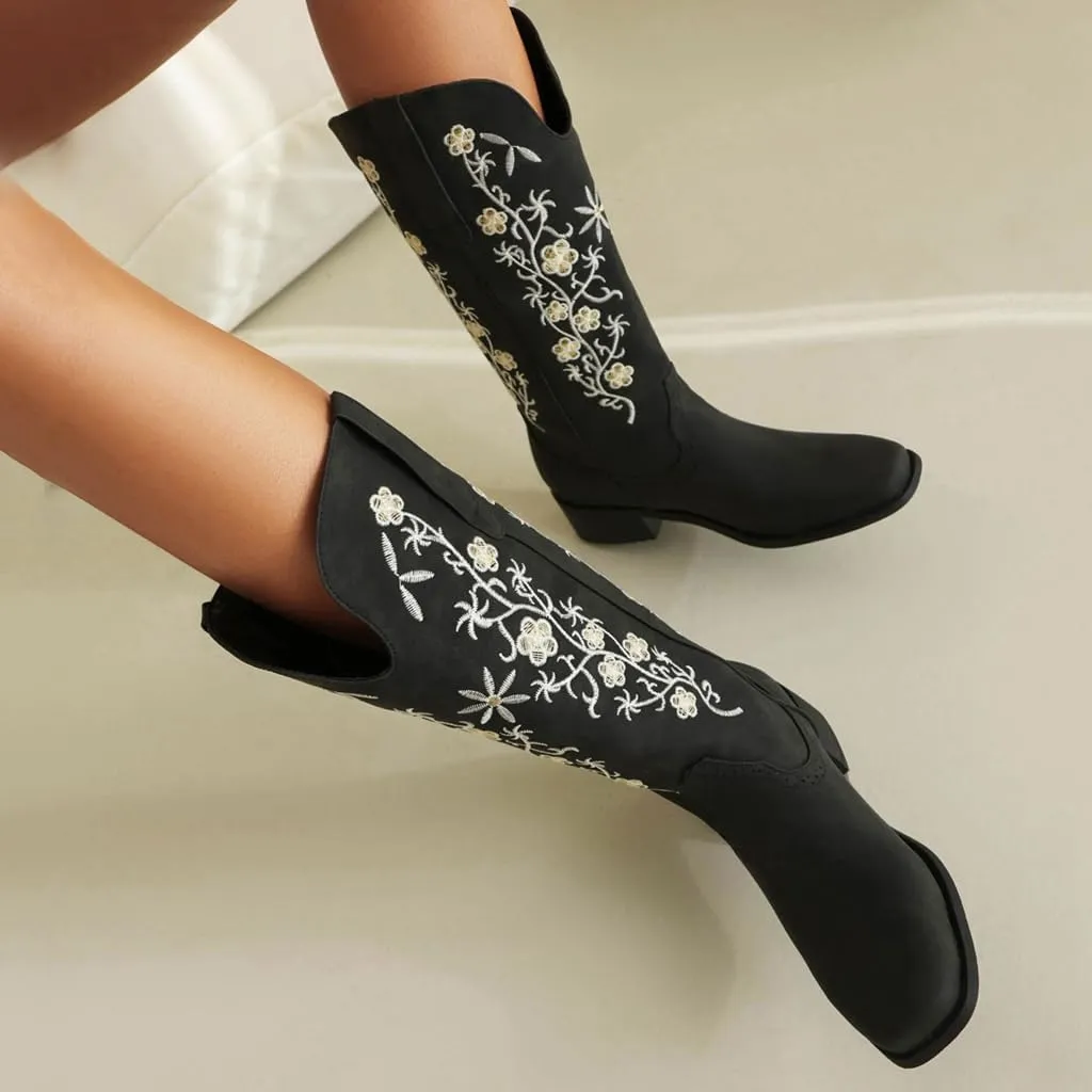 Women's Western Mid Calf Cowboy Boots Retro Embroidered Square Toe Low Heel Wide Calf Cowgirl Boots