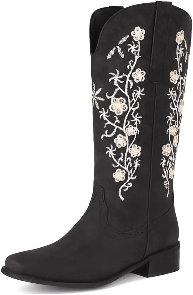 Women's Western Mid Calf Cowboy Boots Retro Embroidered Square Toe Low Heel Wide Calf Cowgirl Boots