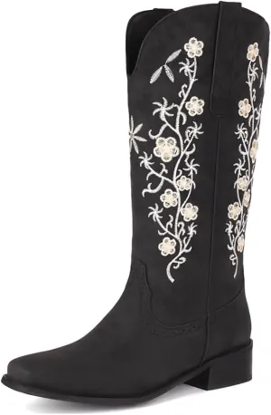 Women's Western Mid Calf Cowboy Boots Retro Embroidered Square Toe Low Heel Wide Calf Cowgirl Boots