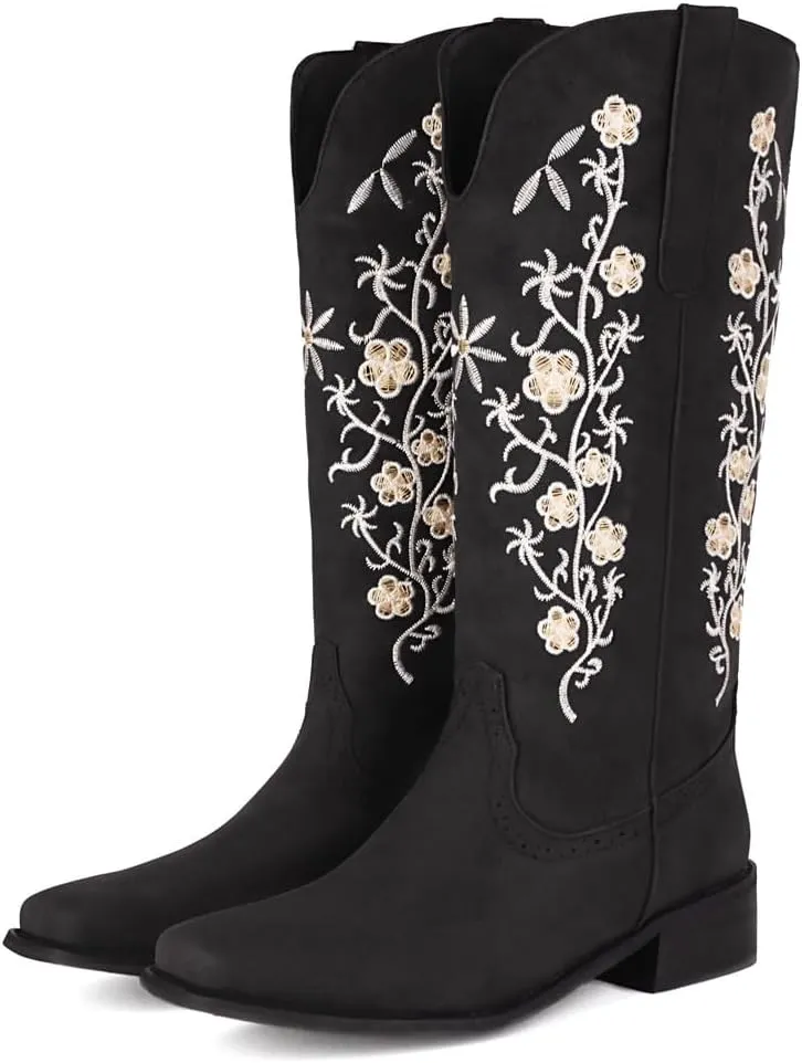Women's Western Mid Calf Cowboy Boots Retro Embroidered Square Toe Low Heel Wide Calf Cowgirl Boots