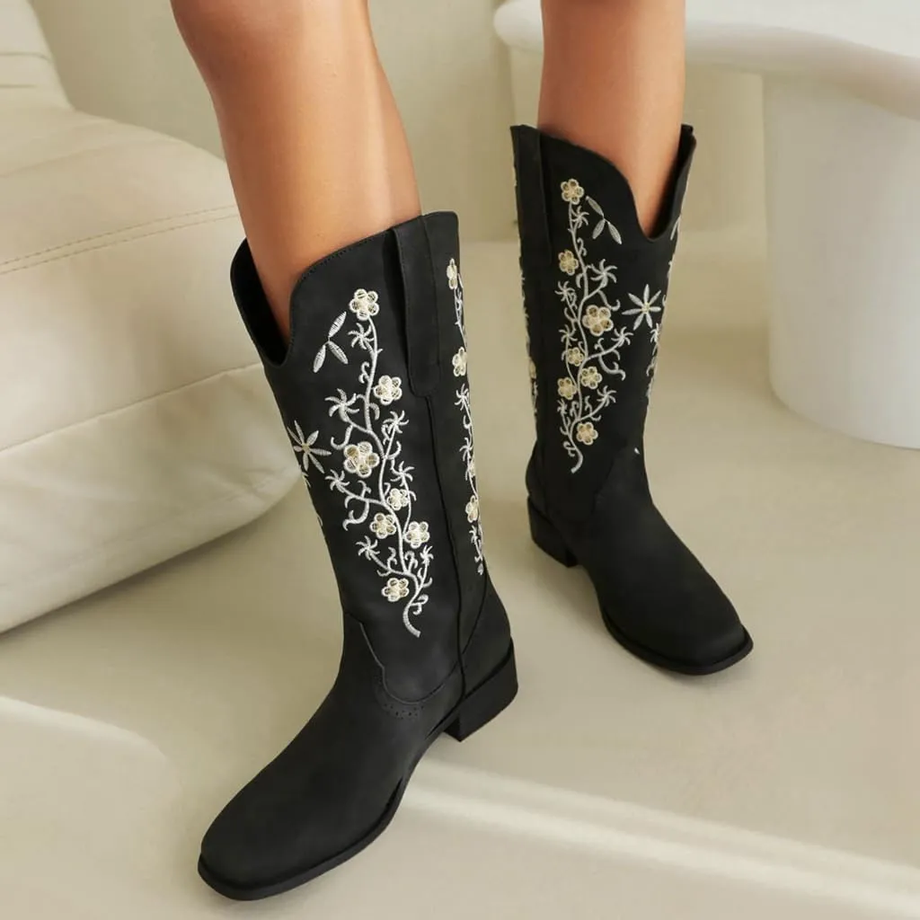 Women's Western Mid Calf Cowboy Boots Retro Embroidered Square Toe Low Heel Wide Calf Cowgirl Boots