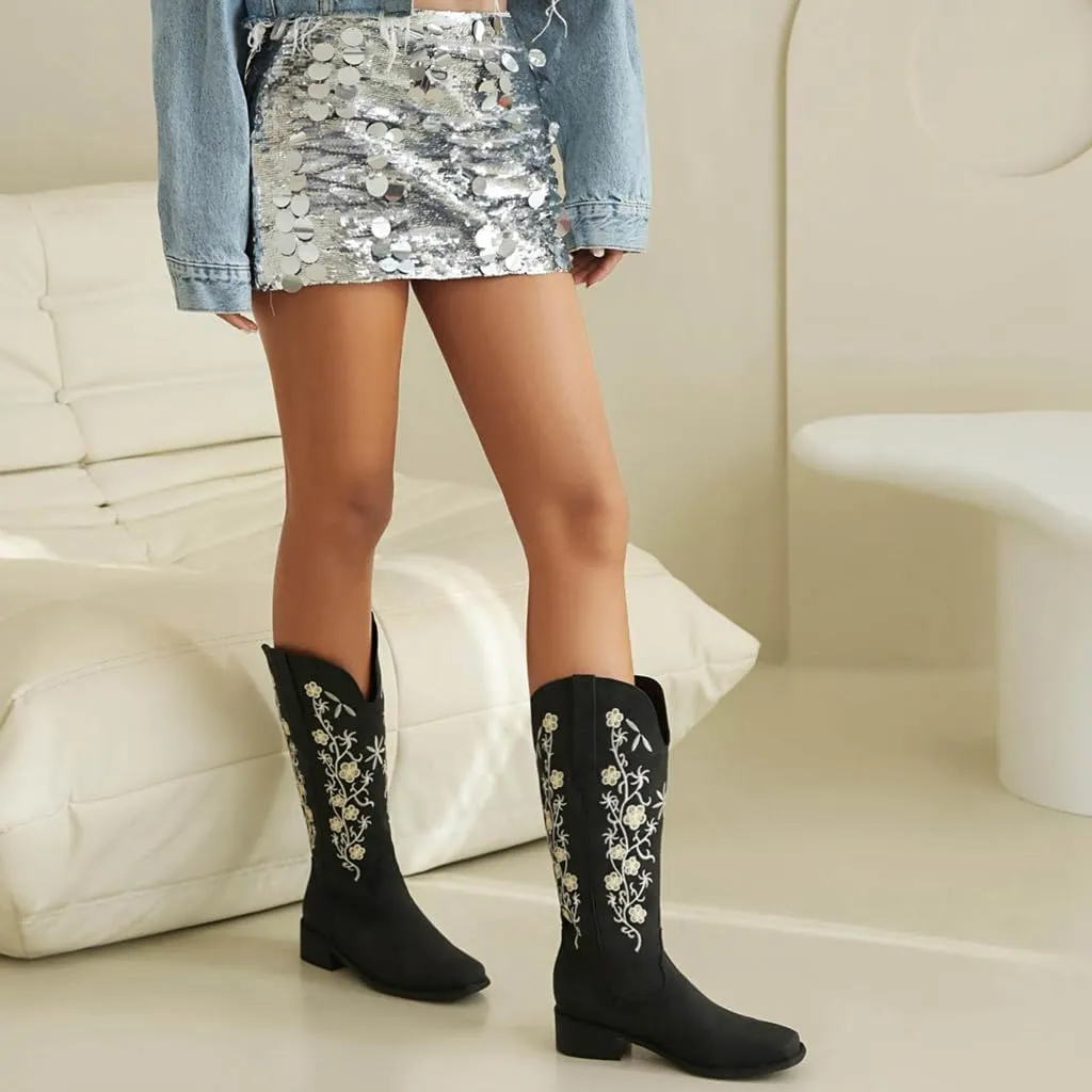 Women's Western Mid Calf Cowboy Boots Retro Embroidered Square Toe Low Heel Wide Calf Cowgirl Boots