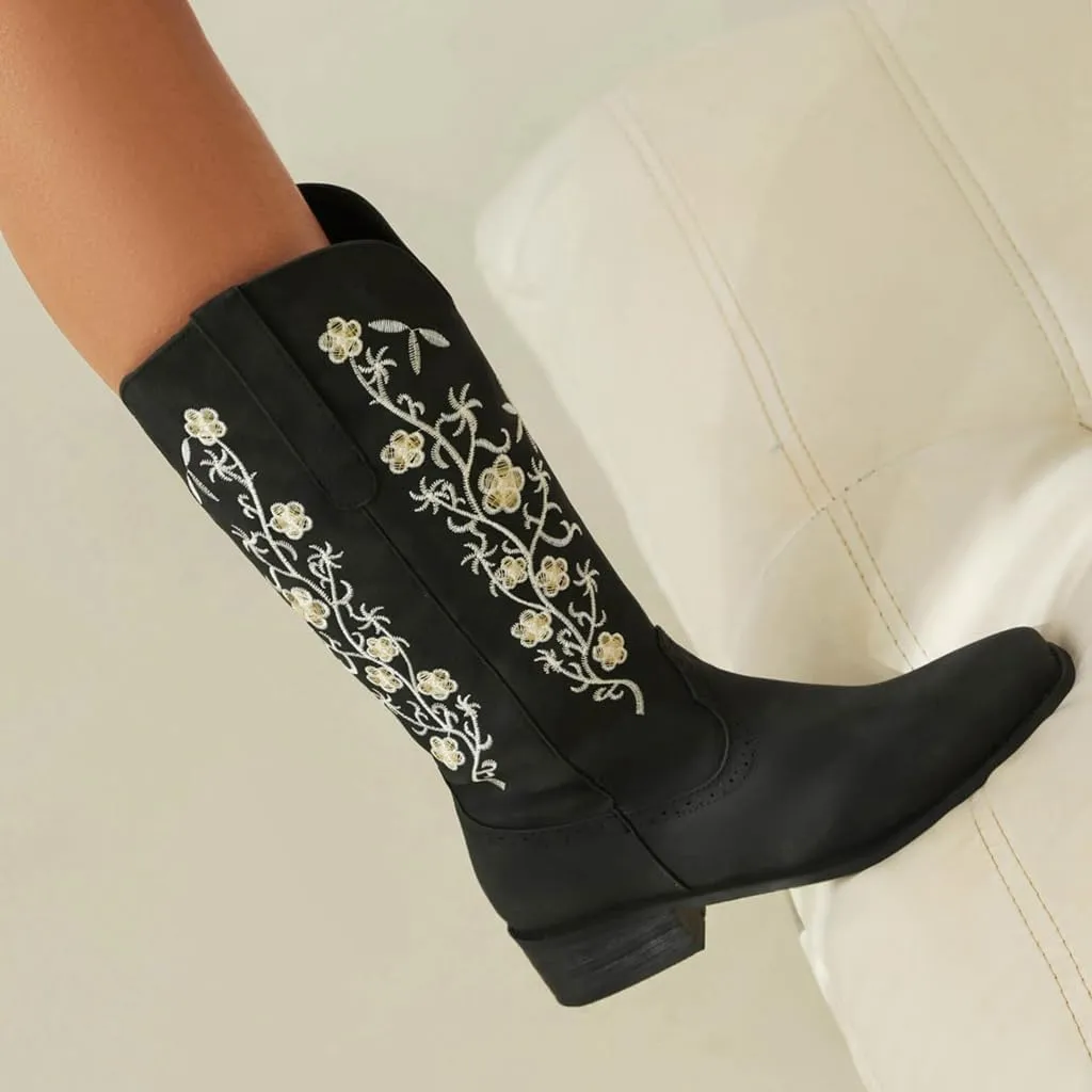 Women's Western Mid Calf Cowboy Boots Retro Embroidered Square Toe Low Heel Wide Calf Cowgirl Boots