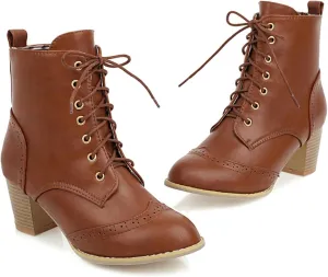 Women's Wingtip Lace Up Booties Chunky Heel Ankle Boots Mid Calf Boots Combat Boots Slip On Leather Boots Fall Winter Boots Faux Fur Lining Vintage Victorian Boots for Wedding Bridal