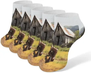 Wooden Barn Rusted Tractor Casual Socks Soft Moisture-Wicking Socks Low Cut Invisible Liner Ankle Sock (5 Pairs)