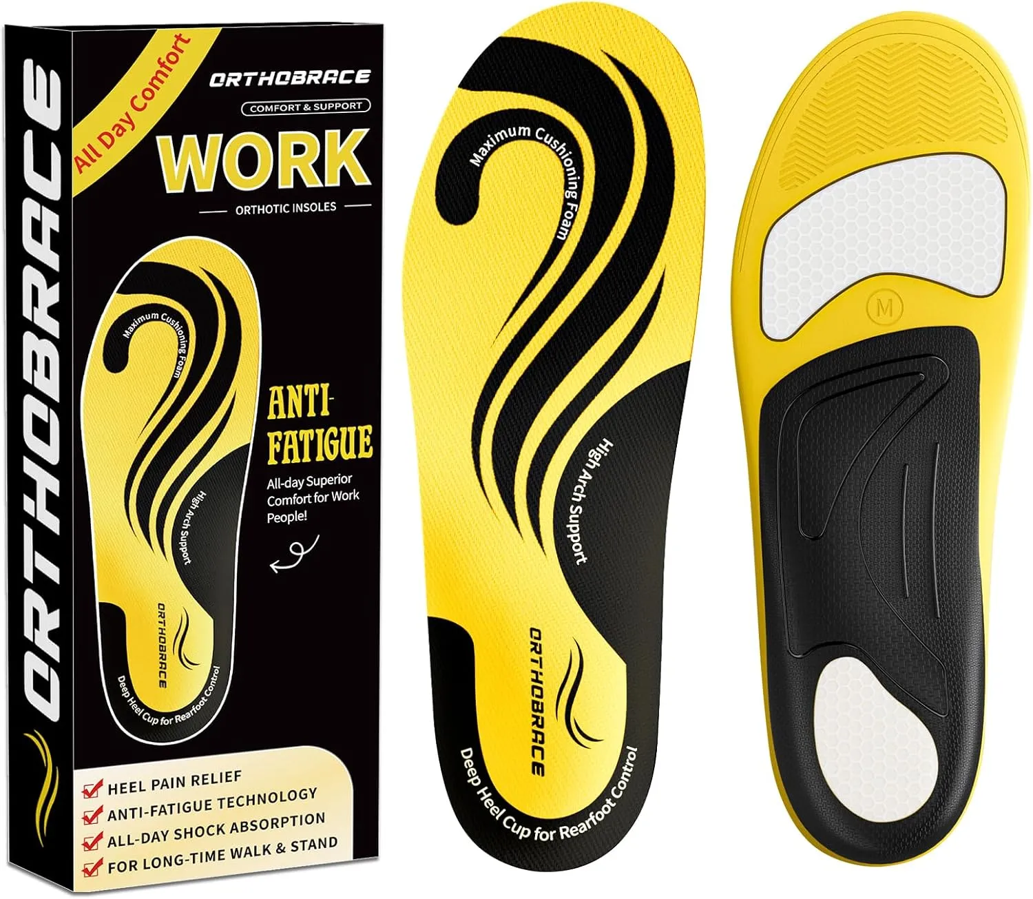 Work Boot Insoles for Standing All Day, Medium and High Arch Support Orthotic Shoe Inserts Relief Plantar Fasciitis, Heel Pain, Flat Feet, Men Women Anti Fatigue Work Insoles for Gel Pad-S