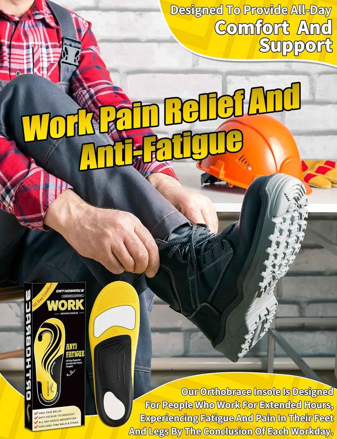 Work Boot Insoles for Standing All Day, Medium and High Arch Support Orthotic Shoe Inserts Relief Plantar Fasciitis, Heel Pain, Flat Feet, Men Women Anti Fatigue Work Insoles for Gel Pad-S