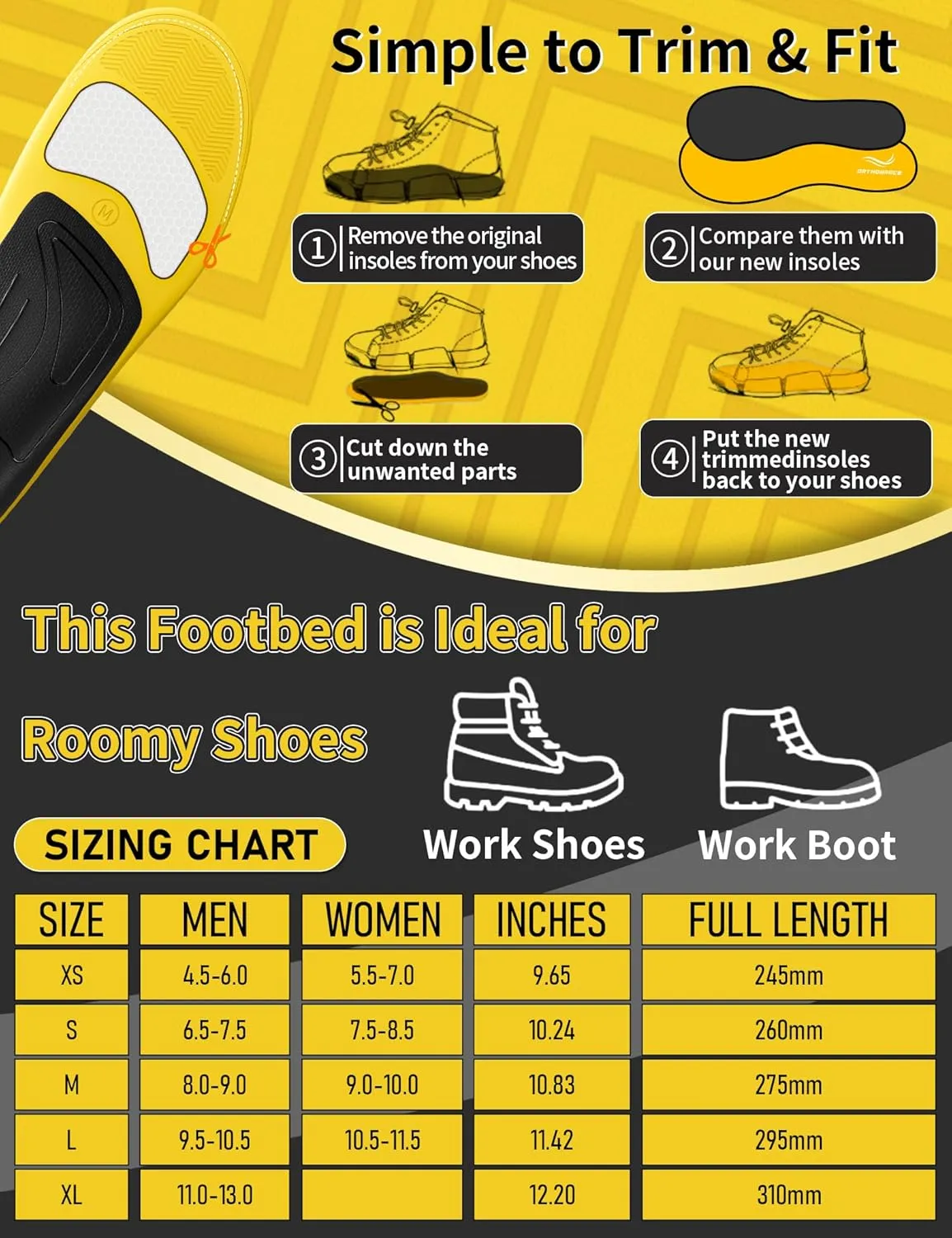 Work Boot Insoles for Standing All Day, Medium and High Arch Support Orthotic Shoe Inserts Relief Plantar Fasciitis, Heel Pain, Flat Feet, Men Women Anti Fatigue Work Insoles for Gel Pad-S