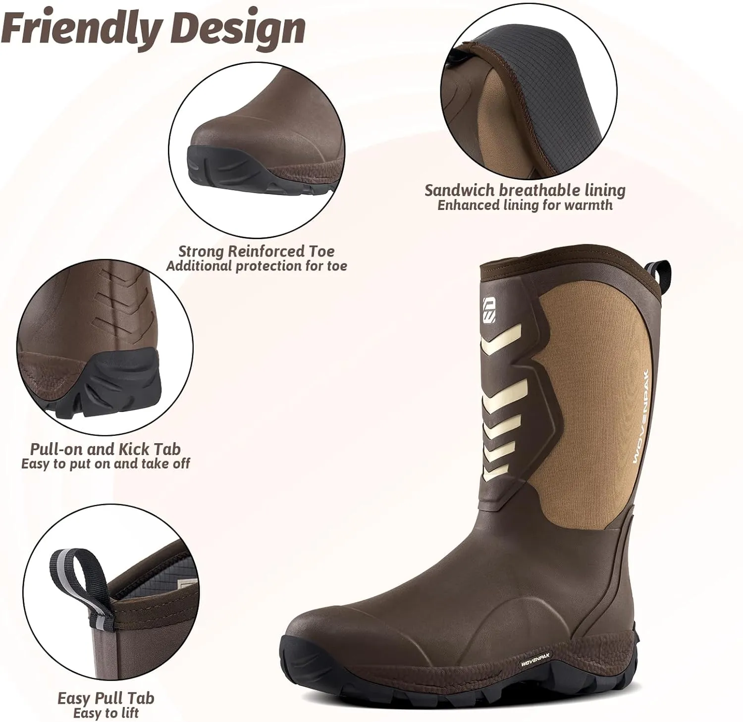 WOVENPAK Rubber Boots for Men, Mens Boots Waterproof Insulated Hunting Boots with Steel Shank, Neoprene Rubber Work Mud Boots Outdoor All Season, Size 6-13