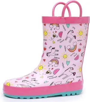 WTW Toddler and Kids Rain Boots Unisex-Child Waterproof Rubber Rain Boots with Easy-On Handles in Fun Patterns for Girls and Boys (Toddler/Little Kid/Big Kid)