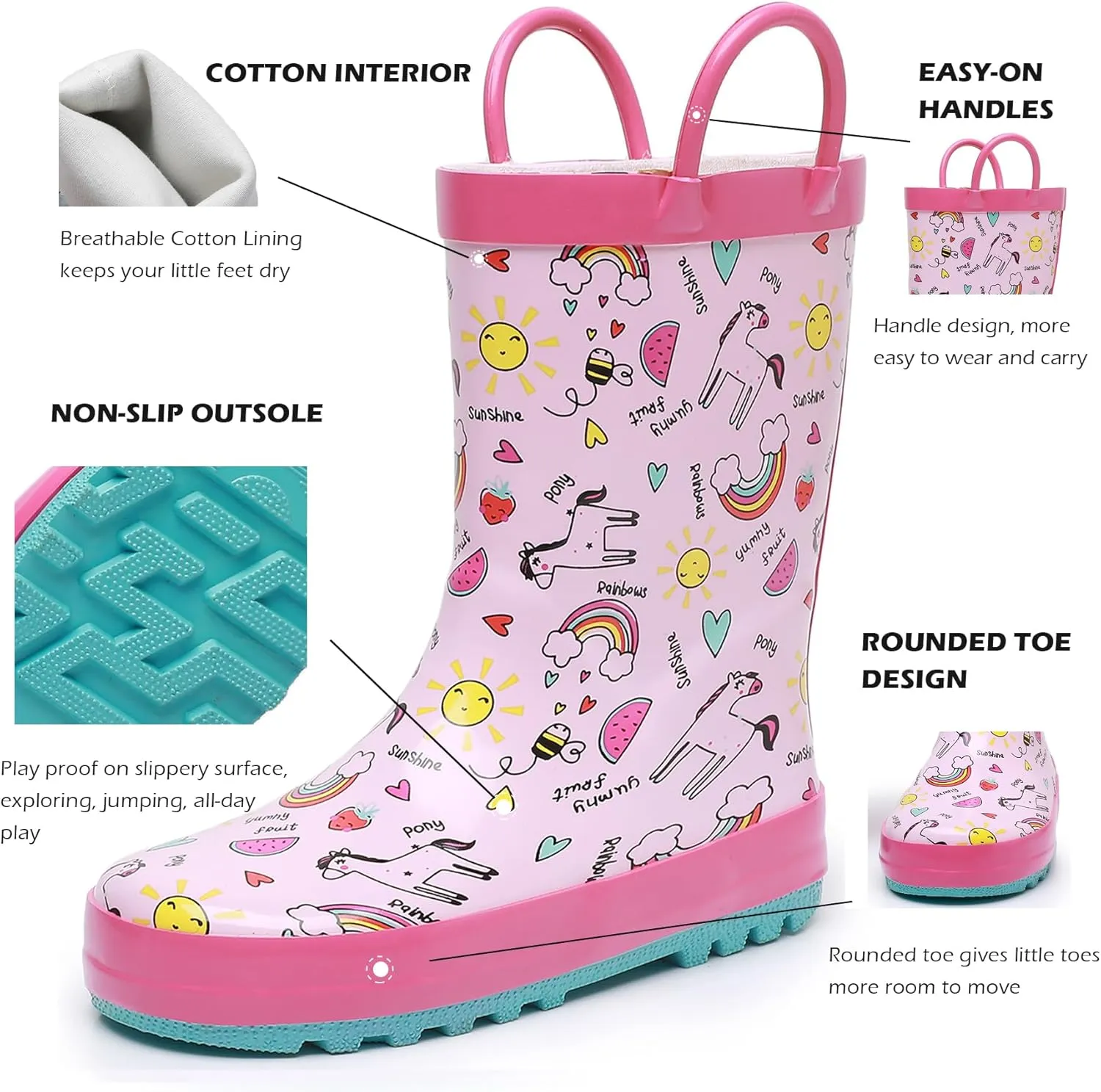 WTW Toddler and Kids Rain Boots Unisex-Child Waterproof Rubber Rain Boots with Easy-On Handles in Fun Patterns for Girls and Boys (Toddler/Little Kid/Big Kid)