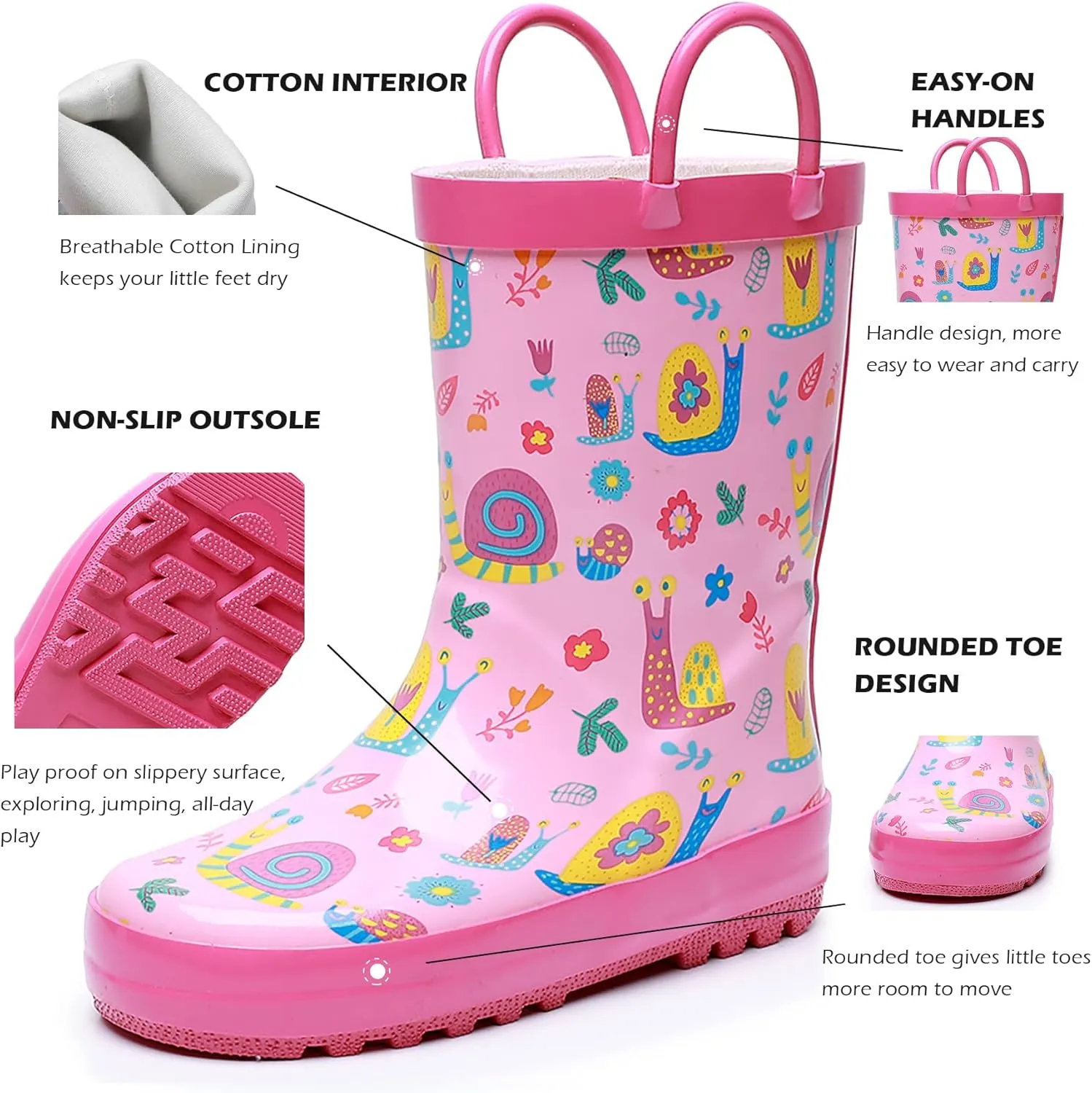 WTW Toddler and Kids Rain Boots Unisex-Child Waterproof Rubber Rain Boots with Easy-On Handles in Fun Patterns for Girls and Boys (Toddler/Little Kid/Big Kid)