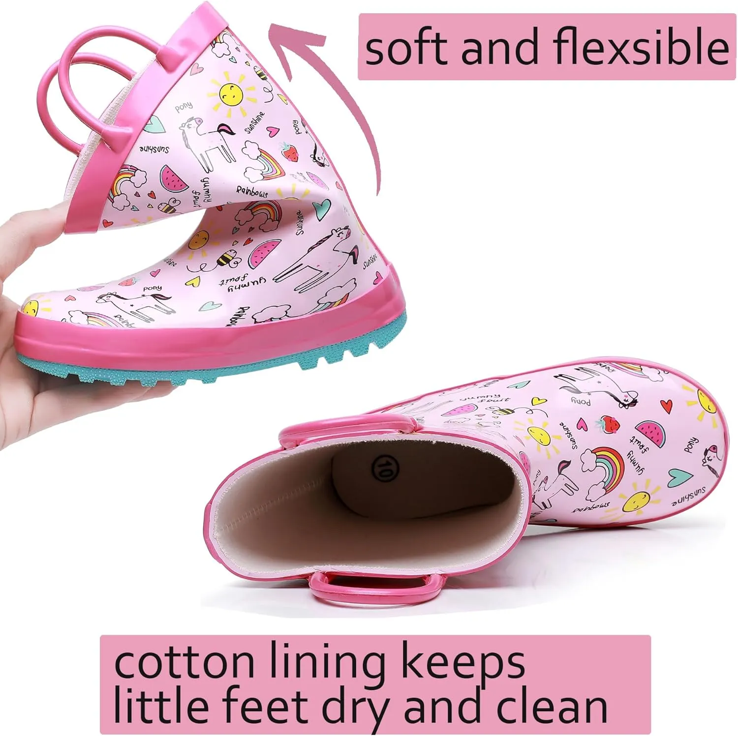 WTW Toddler and Kids Rain Boots Unisex-Child Waterproof Rubber Rain Boots with Easy-On Handles in Fun Patterns for Girls and Boys (Toddler/Little Kid/Big Kid)