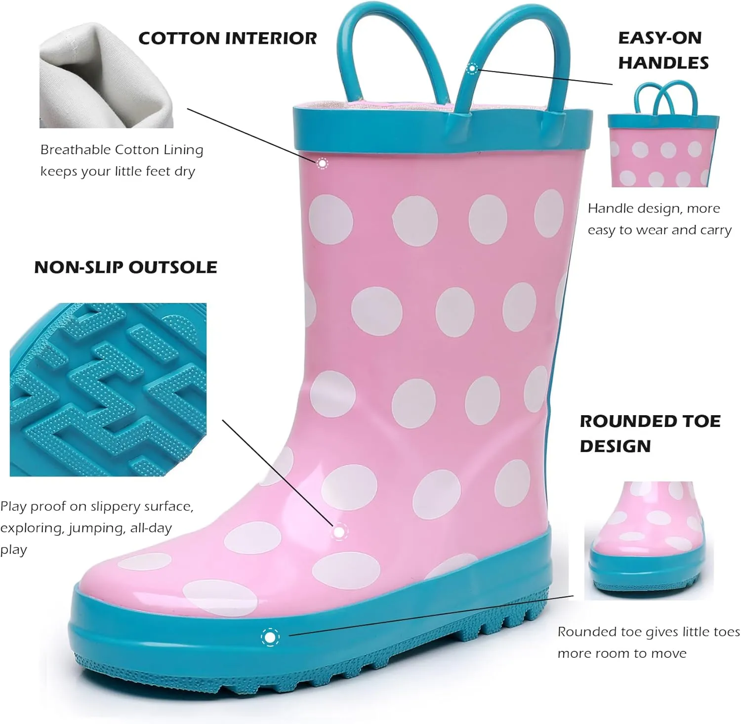 WTW Toddler and Kids Rain Boots Unisex-Child Waterproof Rubber Rain Boots with Easy-On Handles in Fun Patterns for Girls and Boys (Toddler/Little Kid/Big Kid)