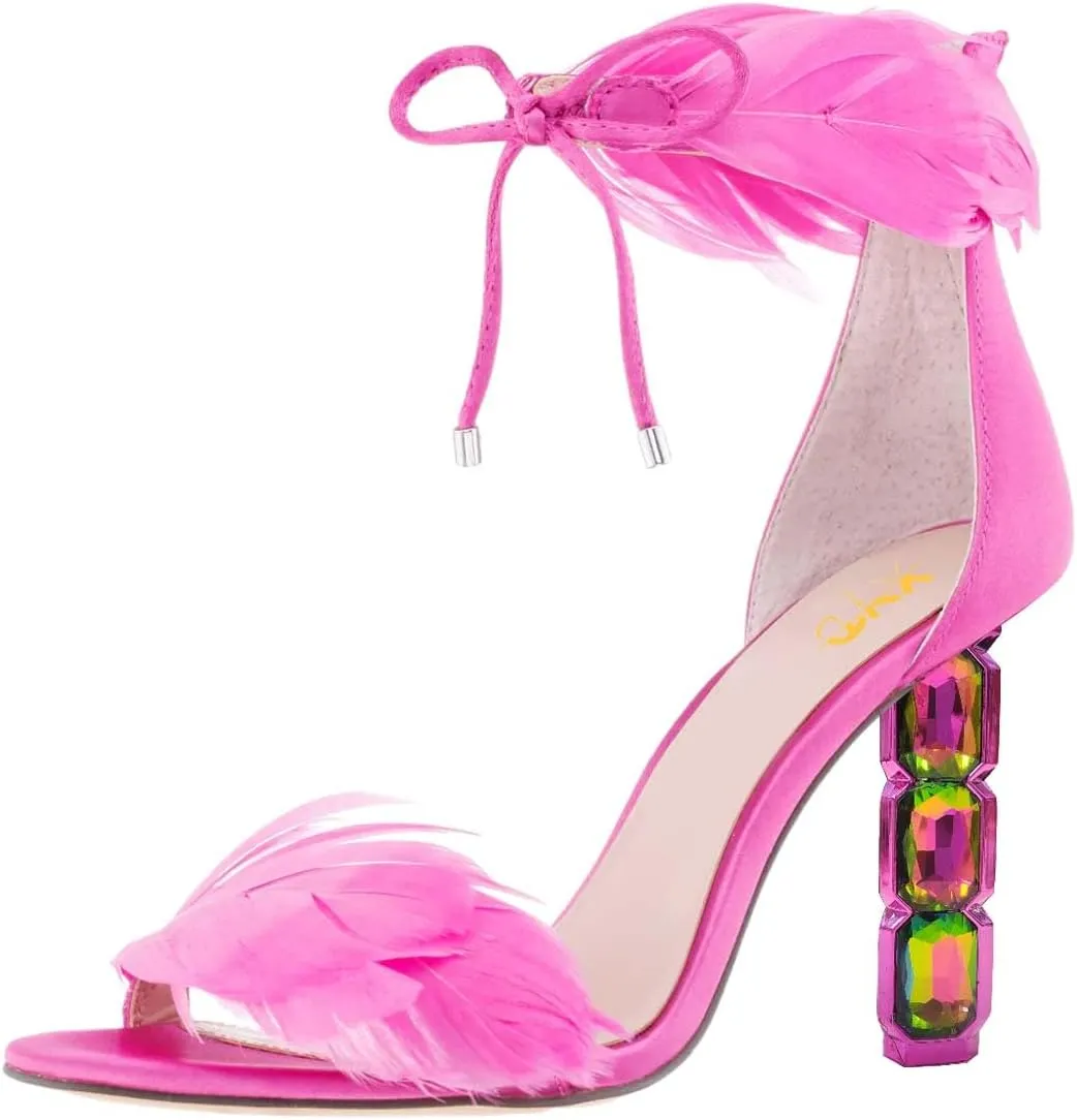 XYD Women Chic Crystal High Heels 105mm Open Toe Sandals Plume Ankle Strap with Zip Ladies Fashion Evening Event Pumps Shoes