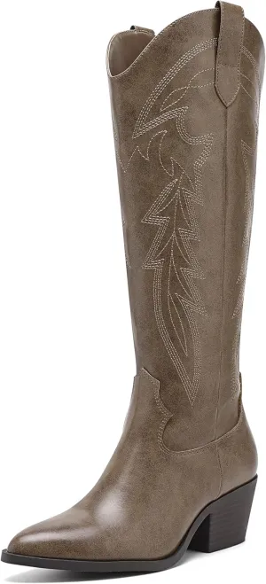 Yawors Westen Cowgirl Boots for Women Pointed Toe Knee High Tall Embroidered Cowboy Boots with Zipper Classic Block Heel for Girls Ladies Fall Winter