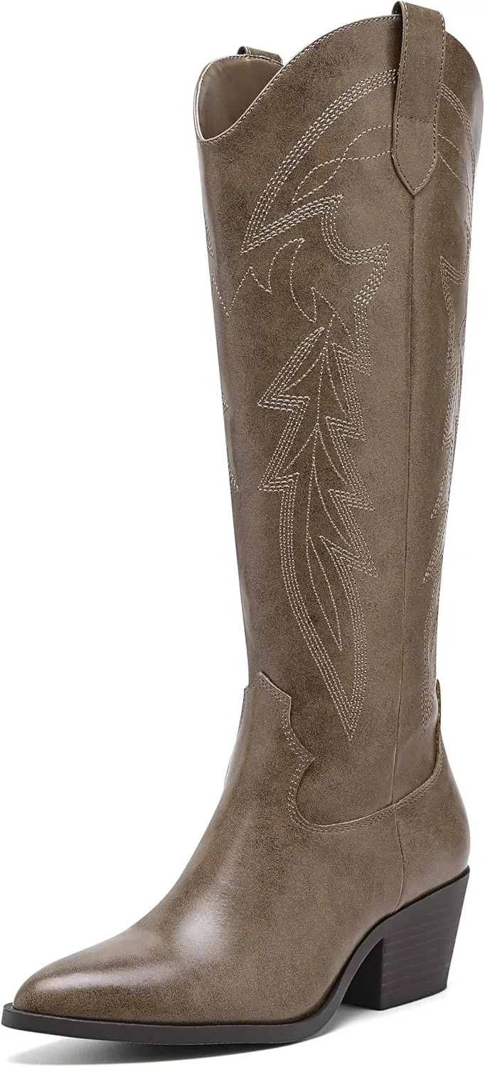 Yawors Westen Cowgirl Boots for Women Pointed Toe Knee High Tall Embroidered Cowboy Boots with Zipper Classic Block Heel for Girls Ladies Fall Winter