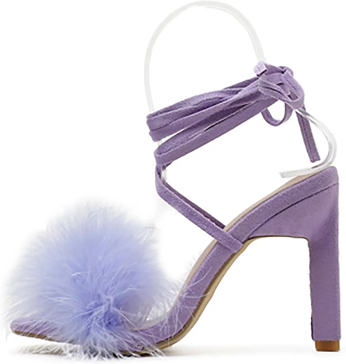 YIBLBOX Women's Feather Heels Open Toe Sandal Fluffy Fur High Heel Shoes Ankle Cross Strappy Stiletto Pump for Wedding Party Dance Evening