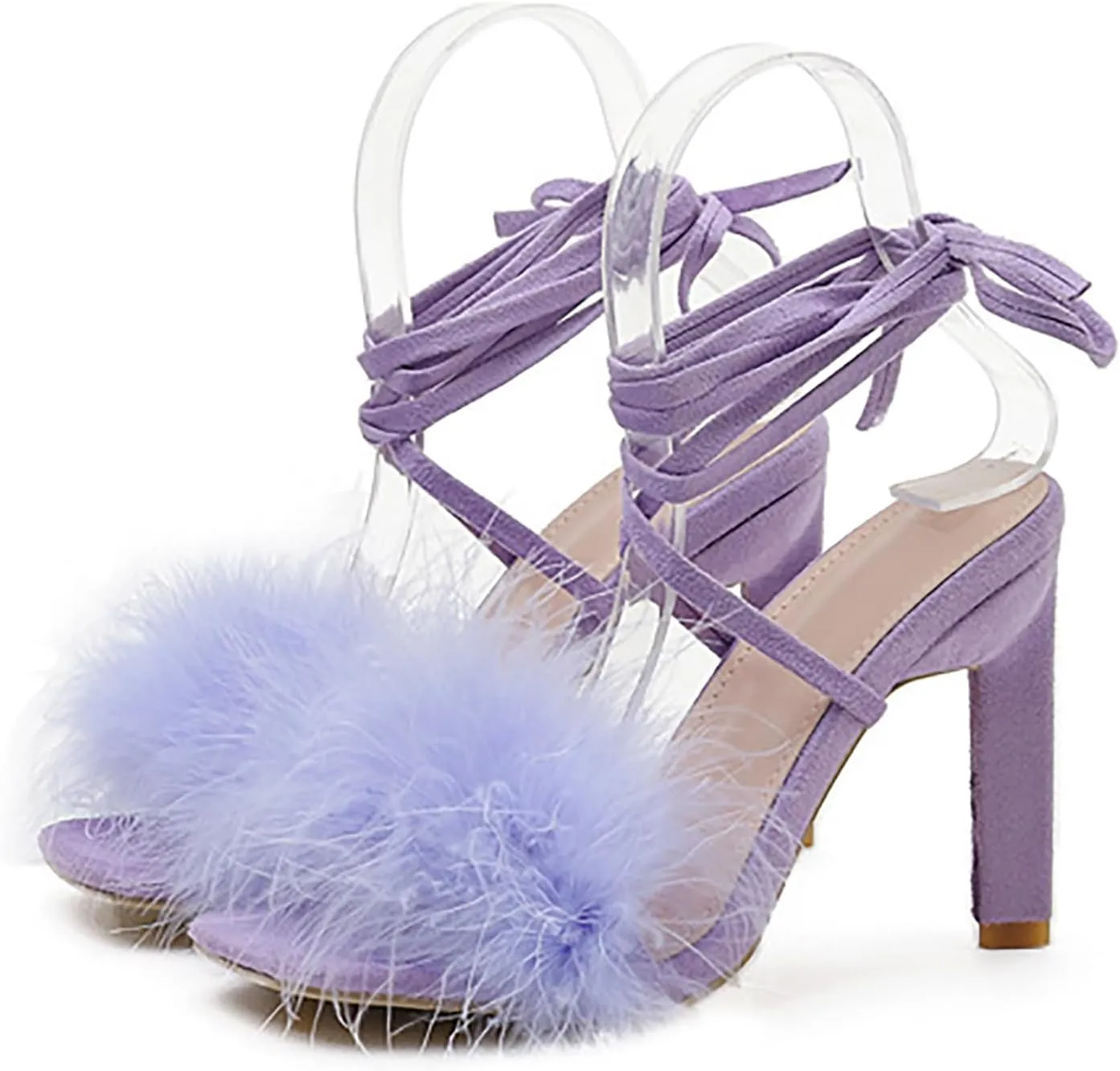YIBLBOX Women's Feather Heels Open Toe Sandal Fluffy Fur High Heel Shoes Ankle Cross Strappy Stiletto Pump for Wedding Party Dance Evening