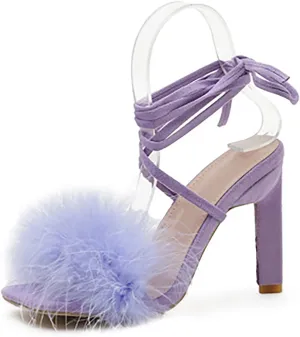 YIBLBOX Women's Feather Heels Open Toe Sandal Fluffy Fur High Heel Shoes Ankle Cross Strappy Stiletto Pump for Wedding Party Dance Evening