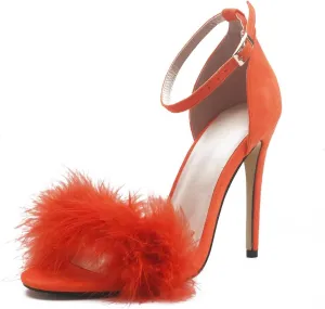 YIBLBOX Women's Feather Heels Open Toe Sandal Fluffy Fur High Heel Shoes Ankle Strap Stiletto Pump for Wedding Party Dance Evening