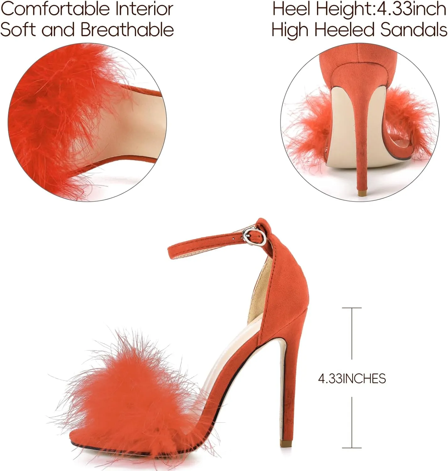 YIBLBOX Women's Feather Heels Open Toe Sandal Fluffy Fur High Heel Shoes Ankle Strap Stiletto Pump for Wedding Party Dance Evening