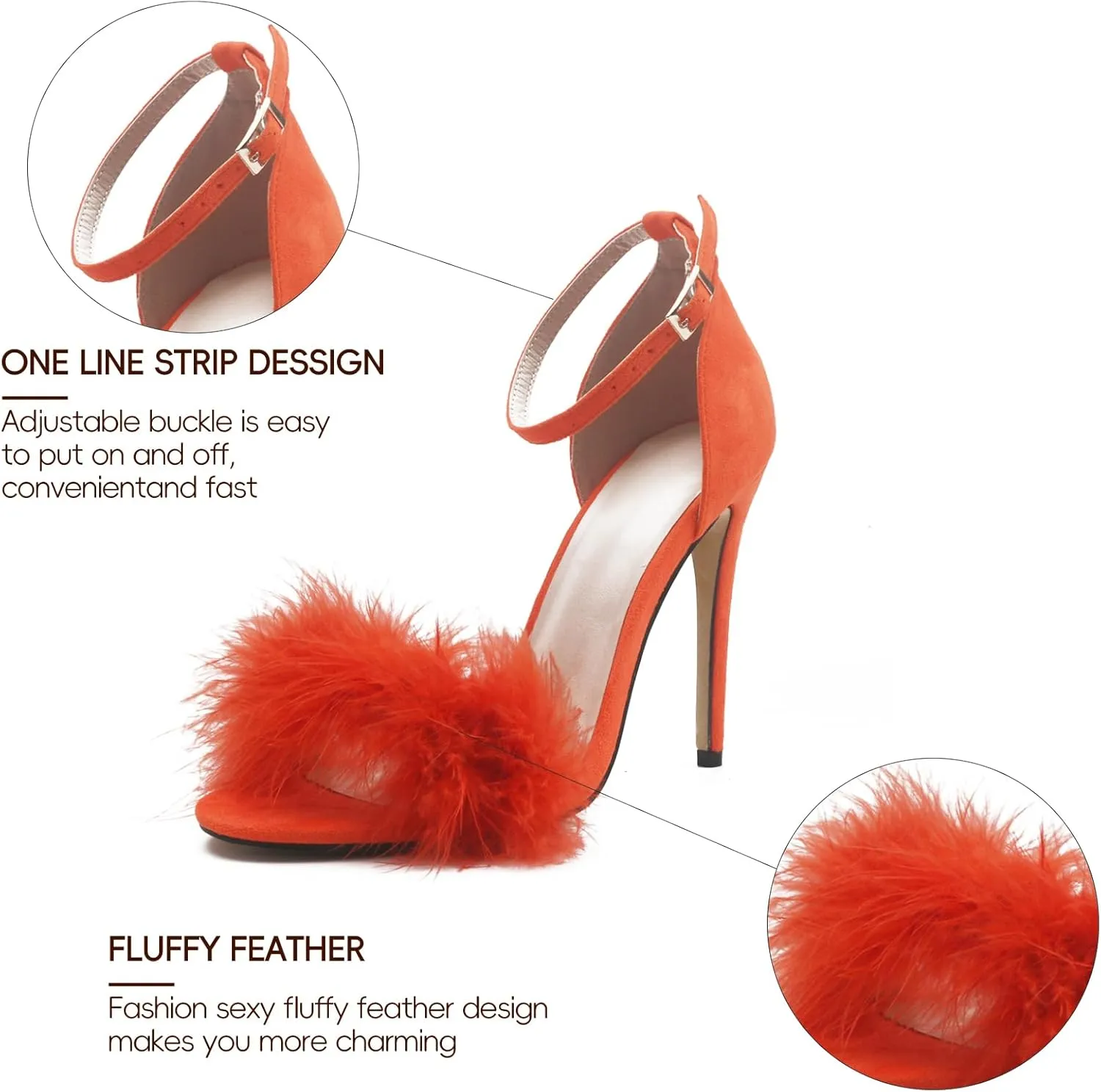 YIBLBOX Women's Feather Heels Open Toe Sandal Fluffy Fur High Heel Shoes Ankle Strap Stiletto Pump for Wedding Party Dance Evening