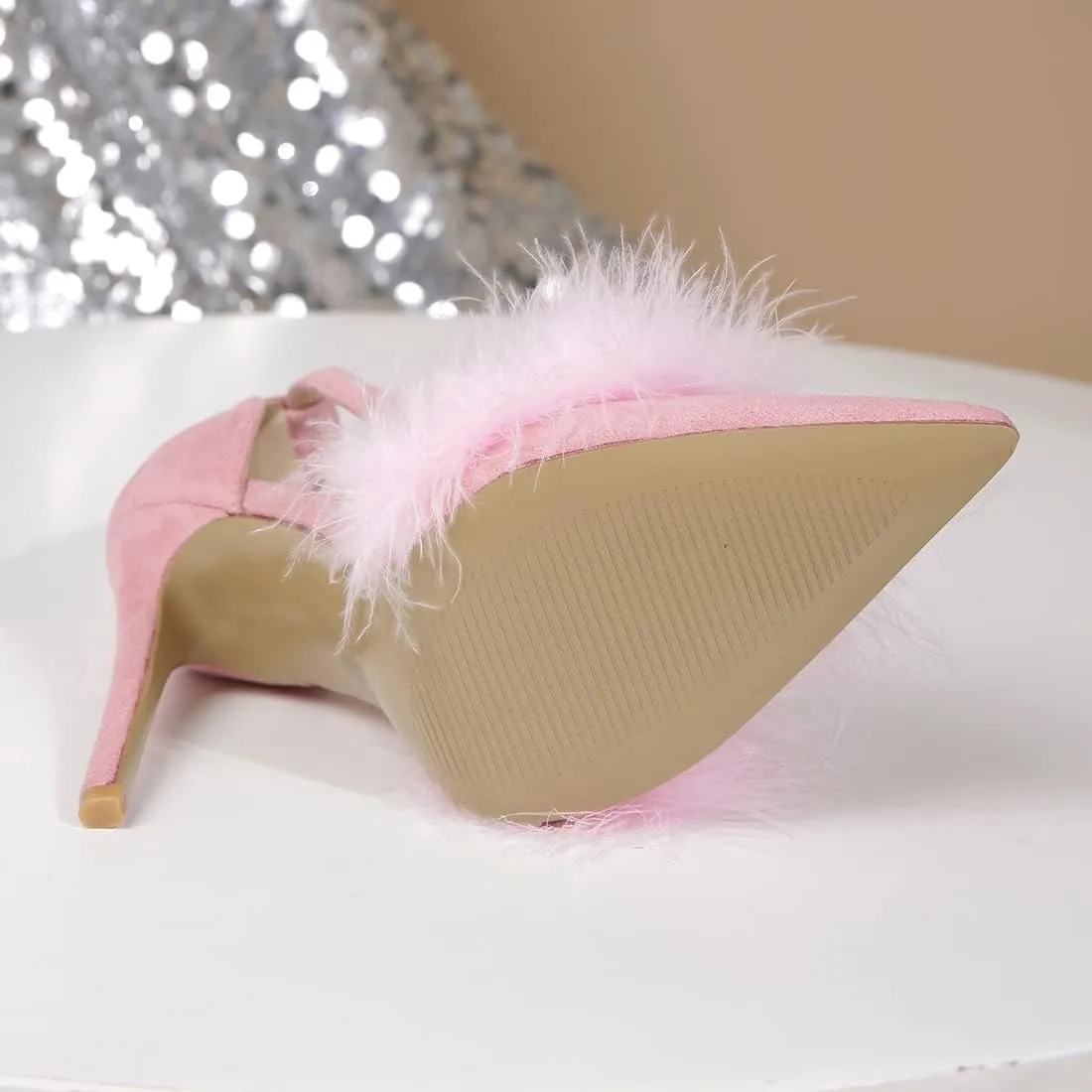 YIBLBOX Women's Feather Heels Open Toe Sandal Fluffy Fur High Heel Shoes Ankle Strap Stiletto Pump for Wedding Party Dance Evening