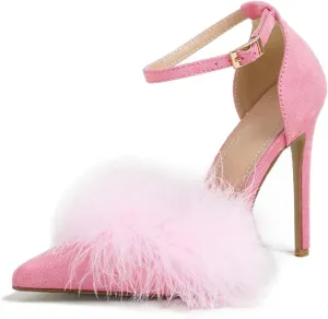 YIBLBOX Women's Feather Heels Open Toe Sandal Fluffy Fur High Heel Shoes Ankle Strap Stiletto Pump for Wedding Party Dance Evening