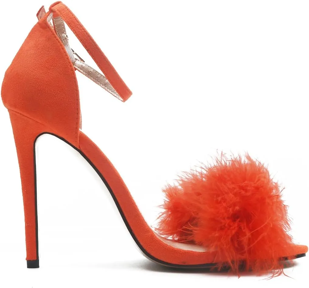 YIBLBOX Women's Feather Heels Open Toe Sandal Fluffy Fur High Heel Shoes Ankle Strap Stiletto Pump for Wedding Party Dance Evening