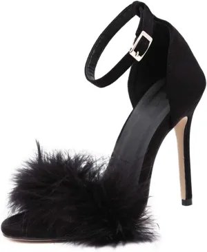 YIBLBOX Women's Feather Heels Open Toe Sandal Fluffy Fur High Heel Shoes Ankle Strap Stiletto Pump for Wedding Party Dance Evening