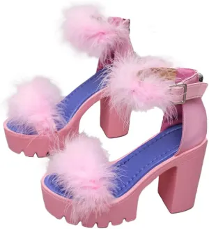 YIBLBOX Women's Fluffy Feather Chunky Heel Shoes Open Toe Ankle Buckle Wedding Party Thick Soled Sandals