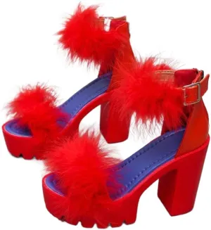 YIBLBOX Women's Fluffy Feather Chunky Heel Shoes Open Toe Ankle Buckle Wedding Party Thick Soled Sandals