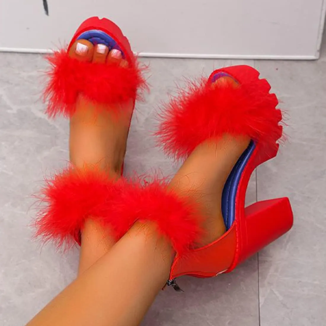 YIBLBOX Women's Fluffy Feather Chunky Heel Shoes Open Toe Ankle Buckle Wedding Party Thick Soled Sandals