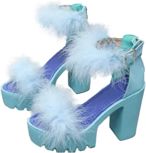 YIBLBOX Women's Fluffy Feather Chunky Heel Shoes Open Toe Ankle Buckle Wedding Party Thick Soled Sandals