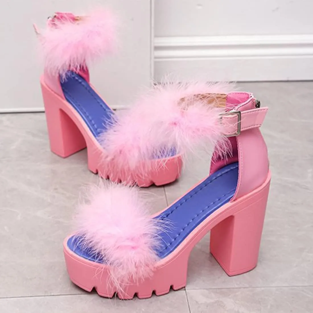 YIBLBOX Women's Fluffy Feather Chunky Heel Shoes Open Toe Ankle Buckle Wedding Party Thick Soled Sandals