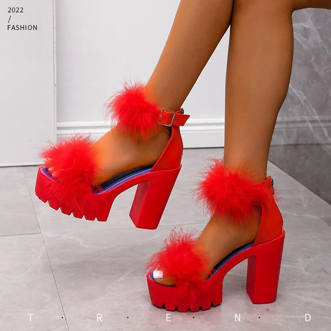 YIBLBOX Women's Fluffy Feather Chunky Heel Shoes Open Toe Ankle Buckle Wedding Party Thick Soled Sandals