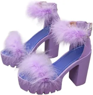 YIBLBOX Women's Fluffy Feather Chunky Heel Shoes Open Toe Ankle Buckle Wedding Party Thick Soled Sandals