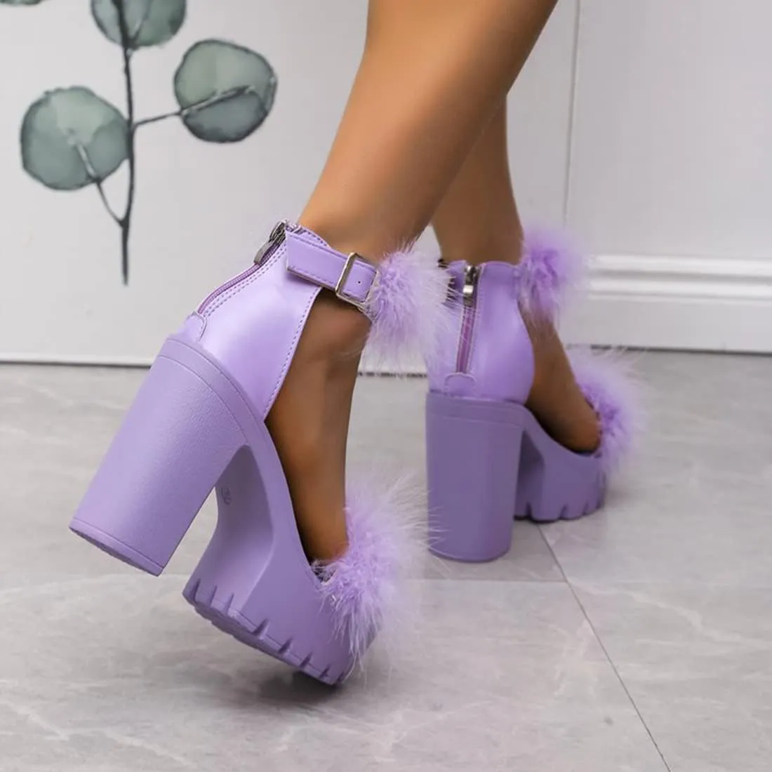 YIBLBOX Women's Fluffy Feather Chunky Heel Shoes Open Toe Ankle Buckle Wedding Party Thick Soled Sandals