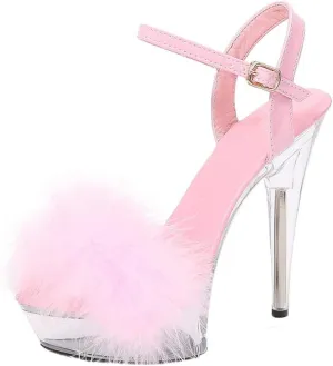 YIBLBOX Women's Fluffy Feather Sandals Ankle Strap Clear Platform High Heel Stiletto Shoes
