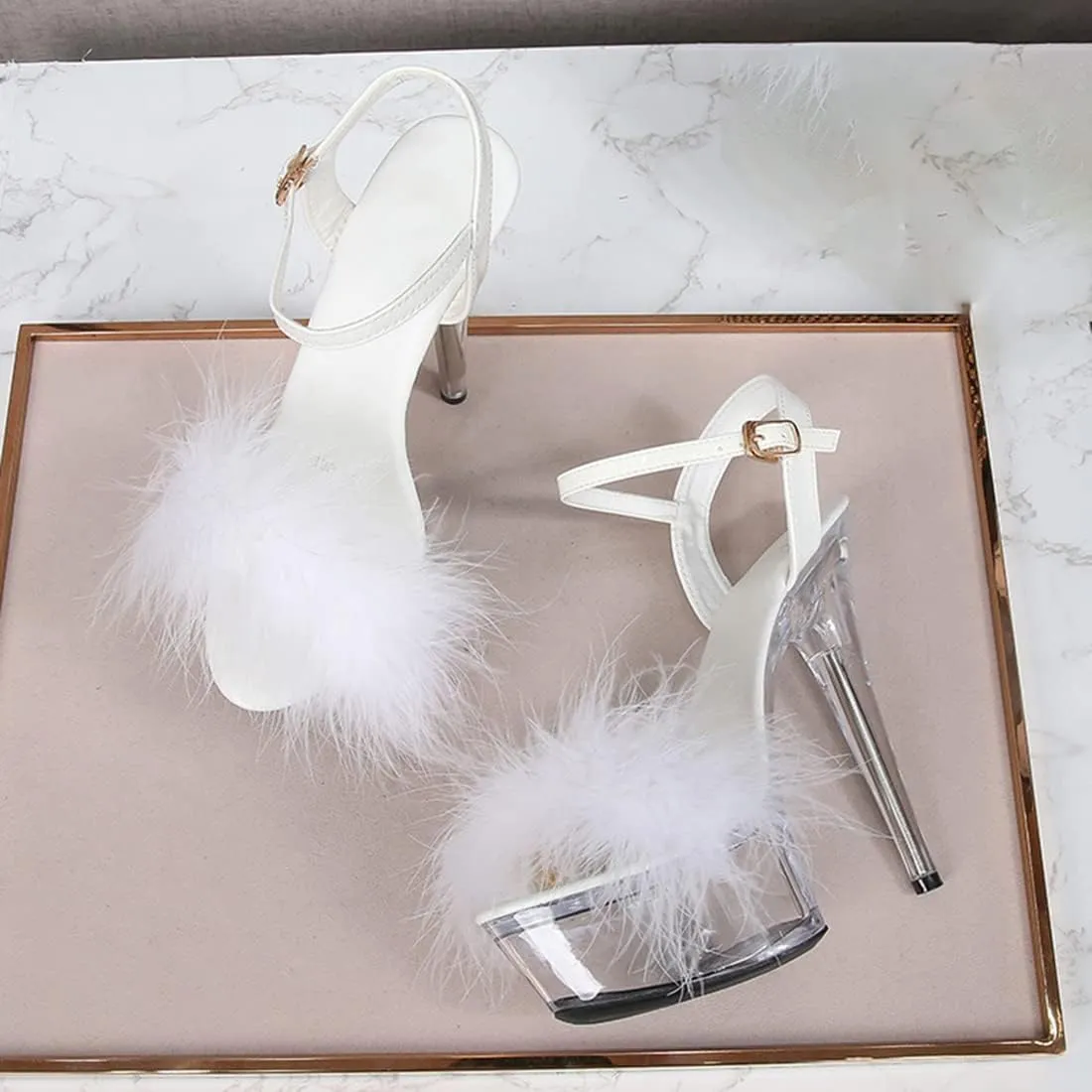 YIBLBOX Women's Fluffy Feather Sandals Ankle Strap Clear Platform High Heel Stiletto Shoes