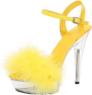 YIBLBOX Women's Fluffy Feather Sandals Ankle Strap Clear Platform High Heel Stiletto Shoes