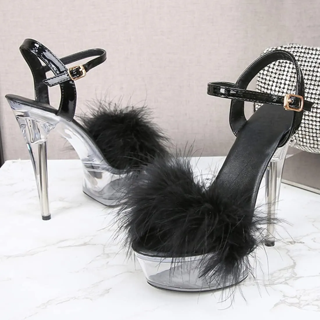 YIBLBOX Women's Fluffy Feather Sandals Ankle Strap Clear Platform High Heel Stiletto Shoes