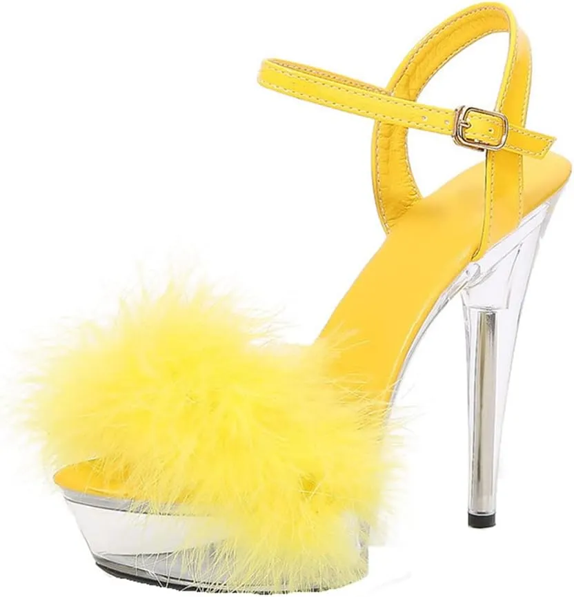 YIBLBOX Women's Fluffy Feather Sandals Ankle Strap Clear Platform High Heel Stiletto Shoes